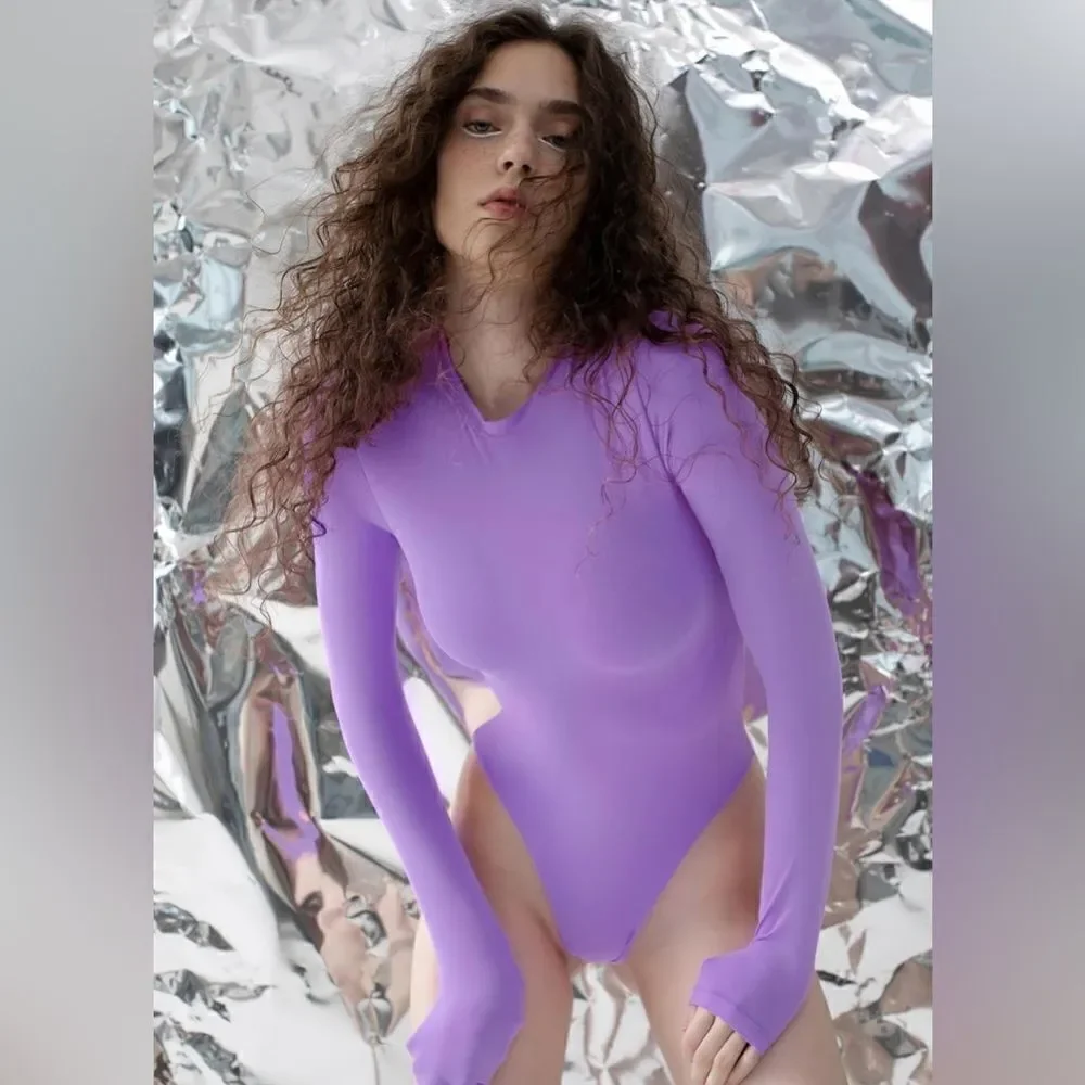 PUMIEY Women's Crew Neck Long Sleeve Bodysuit Sexy Tops Sharp Collection - Picture 5 of 5